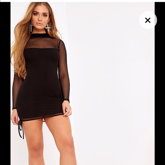 nera black mesh high neck bodycon dress